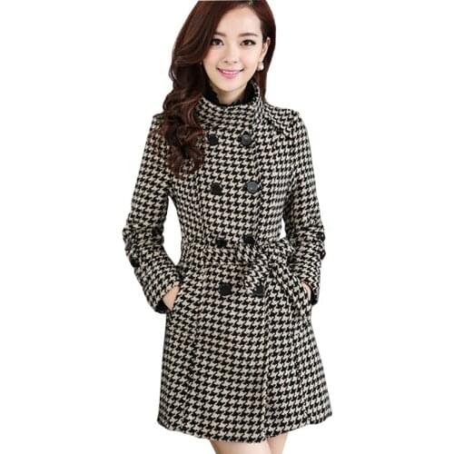 Autumn Winter Women Windbreaker Coat Black White Houndstooth Plus Size Boss Self-Cultivation Coat Women Casaco Femin FC1076