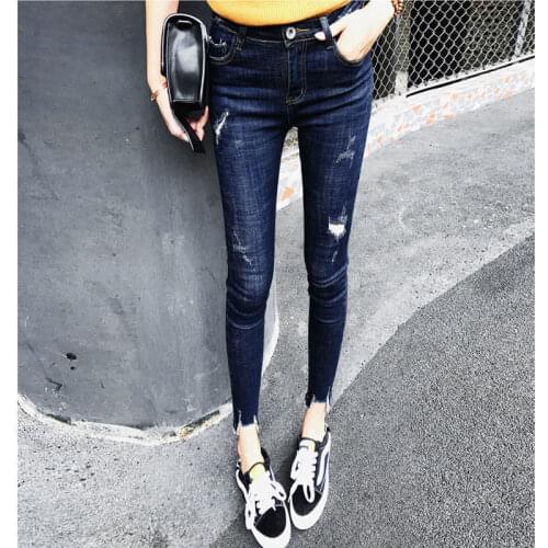 Woman Jeans Pants Large Size Dark Blue Autumn Tight Ripped Ankle-Tied Pants Pantalones Vaqueros Mujer