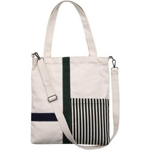 Women Canvas Vertical Stripe Shoulder Bags Environmental Foldable Shopping Bag Tote Package Crossbody Bags Casual Handbag For Gi