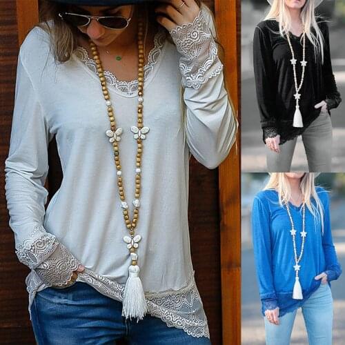 WomenS Tops Fashion And Popular Casual Lace Pure Color V-Neck Long Sleeve T-Shirt Tops Different Models футболка женский 40