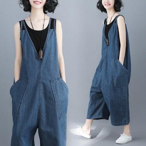 Womens Denim Overalls Bib Pants Casual Loose Jumpsuits Wide Leg Jeans Trousers New Large Size Leisure Jumpsuit