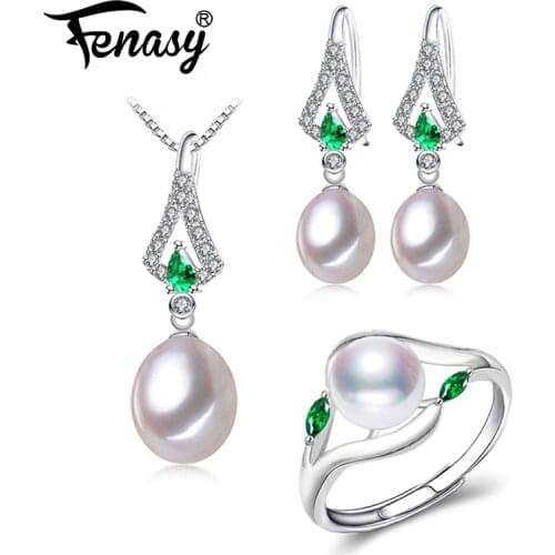 FENASY Pearl Jewelry Sets Natural Pearl Necklaces For Women Party Design Emerald Drop Earrings Green Stones Ring Set