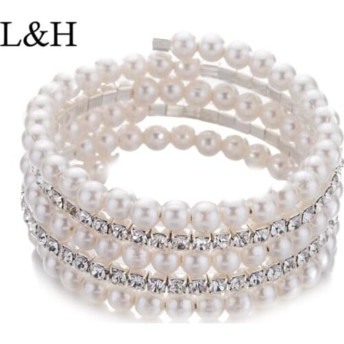 L&H New Elegant Crystal Imitation Pearl Multi-layer Bracelets For Women 2018 Wide Braided Wedding Bridal Fashion Jewelry Gift