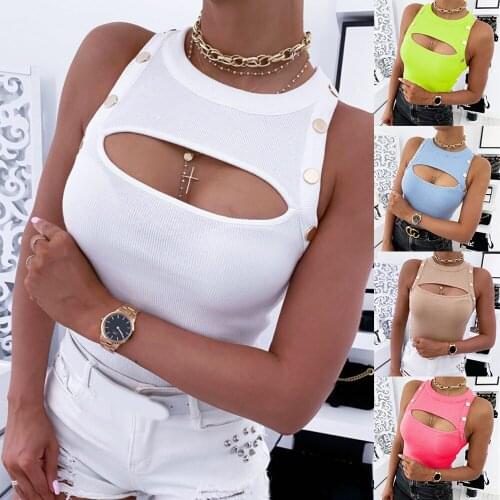 Top Womens T-Shirts Tanks Tops Summer Hollow Out Button Decor O-Neck Sleeveless Slim White T-Shirt For Women Y2K Ropa Mujer
