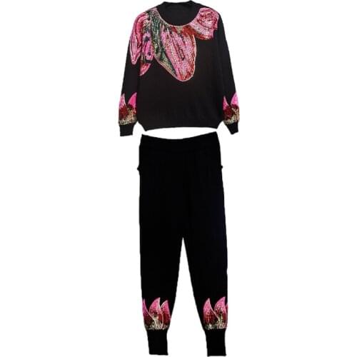 High Quality Knitwear 2 Piece Suits Autumn Women sequins Sweater+Loose Trousers Casual Women Knitted Sets Winter S-2XL