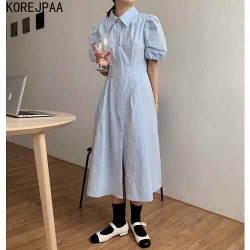 Korejpaa Women Dress 2021 Summer Korean Chic Ladies Gentle Candy Color Lapel Single-Breasted High-Waisted Puff Sleeve Vestidos