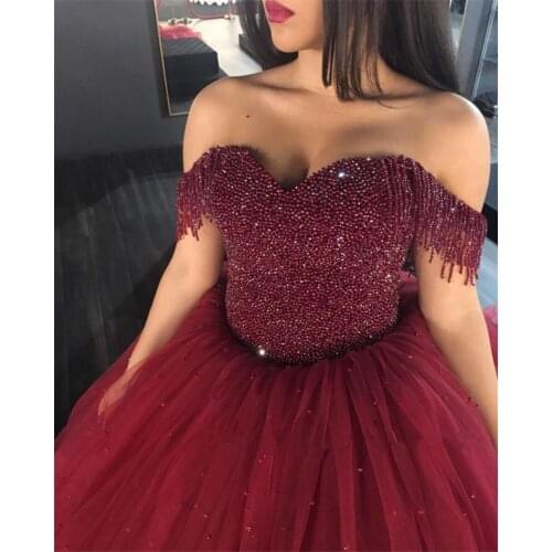 2020 Burgundy Tulle Wedding Dresses Ball Gowns Off The Shoulder With Tassel Heavy Crystals Bridal Dress with Corset Back