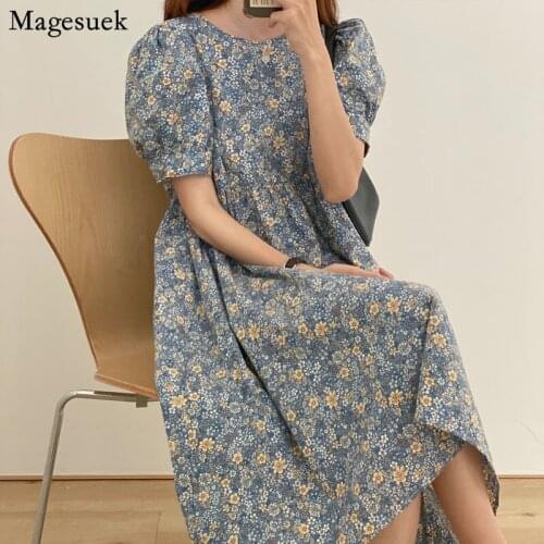 2021 Floral Pleat High Waist Women Summer Dress Round Collar Beige Loose Vintage Long Dress Line Midi Sundress Vestidos 14539