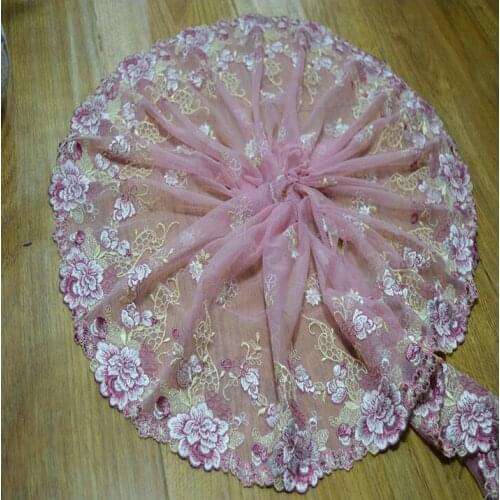 3 Meters 21cm Pink Flower Embroidery Lace Trim Fabric DIY Handmade Lace Accessories Textile Fabrics Free Shipping