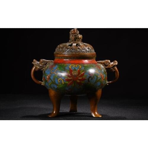 6"Tibet Temple Collection Old Bronze Cloisonne Enamel Lion statue Three-legged incense burner Ornaments Town House Exorcism