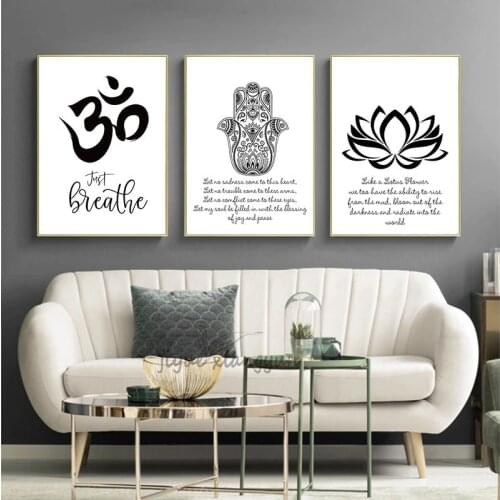 Spiritual Meditation Abstract Poster Hamasa Hand Lotus Black White Canvas Print Yoga Wall Art Picture Painting Modern Home Decor