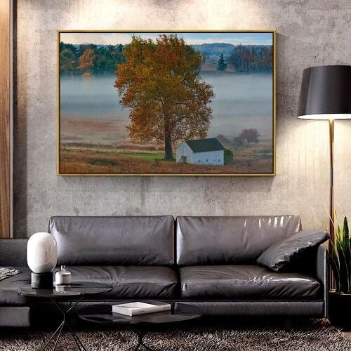 Artcozy Oil Canvas Painting autumn_mist_yellow_tree_house_landscape For Home Decoration Wall Art