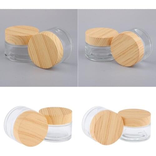 2 Sizes Environmental Plastic Wooden Texture Lid Frosted Glass Bottle Cream Jars Empty Cosmetic Comtainer 4pcs