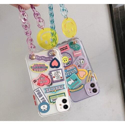 Gimfun Candy Clear Lanyard Chain Phone Case for iPhone 11 12 Pro Max XS Max X XR 7 8 Plus Smile Face Ultra Thin Love Heart Cover