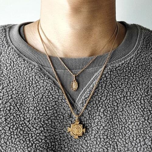 Double Layered Gold Color Pendant Necklace for Men Women Cross Jesus Virgin Mary Charms Box Curb Link Chain Jewelry LDS15