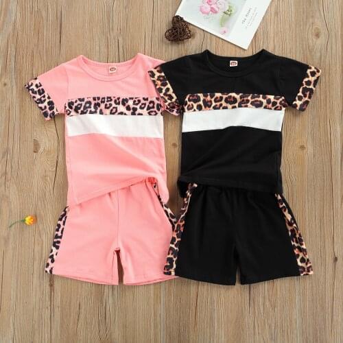 2-6Years Fashion Toddler Kids Boys Girls Summer Clothes Leopard Print Patchwork T-shirts+Shorts Children Girls Casual Outfits