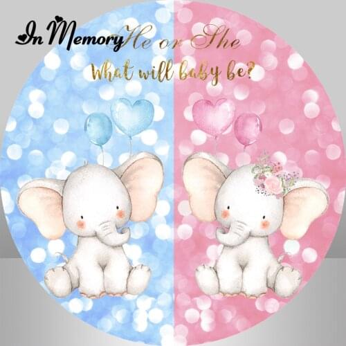 InMemory Round Elephant Blue Pink Baby Shower Photography Backdrop He Or She Boy Or Girl Circle Background Custom Plinth Covers