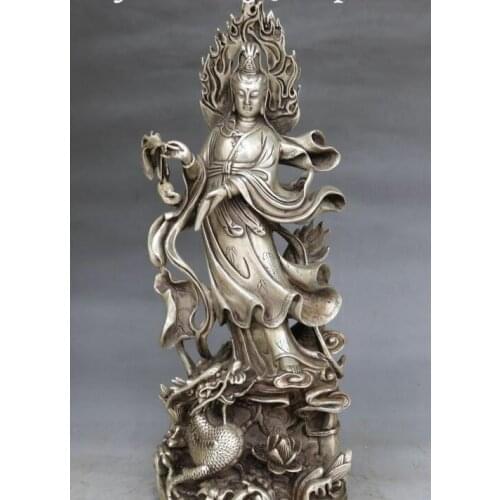 17" Marked Chinese Silver Stand Dragon Kwan-yin Guanyin Quan Yin Goddess Statue