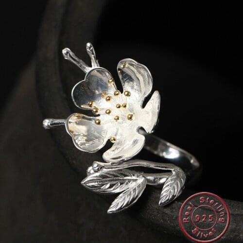 Amxiu Fashion Plum Flower Ring 100% 925 Sterling Silver Jewelry Large Open Rings Two Tones Rings For Women Girls Accessories