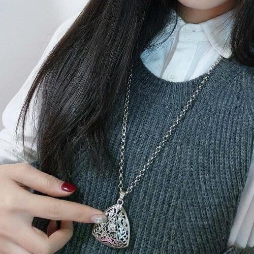 Korean Fashion Jewelry Hollow Print Triangle Geometry Long Sweater Chain Metal Texture Love Necklace Female Elegant