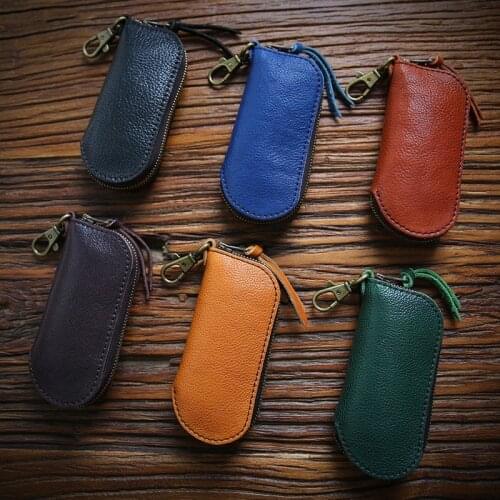 Genuine Leather Key Wallet Holder For Men Women Vintage Handmade Short Zipper Small Keys Bag Case Pouch Organizer Housekeeper