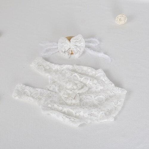 Newborn Girl Lace Romper and Headband Newborn Photography Props Handmade Knit Stretch Open Back Romper Set Baby girls Outfit