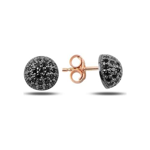 KUTAYDAN Black Zircon Stone 7mm Half Ball Earrings 925 Sterling Silver