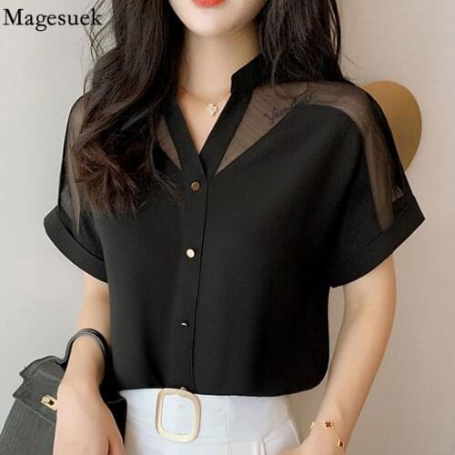 Fashion Mesh V-neck Women Shirts 2021 Summer Elegant New Short Sleeve Top Women Solid Color Chiffon Women Blouse Blusas 9632