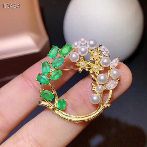 Natural green Emerald Pearl brooch S925 silver Natural gemstone brooch Pendant trendy Flower basket women two wears gift jewelry
