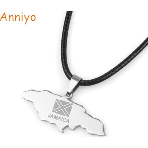 Anniyo Jamaica Map Stainless Steel Pendant & Black Rope Jewelry Jamaican Country Gifts #019421