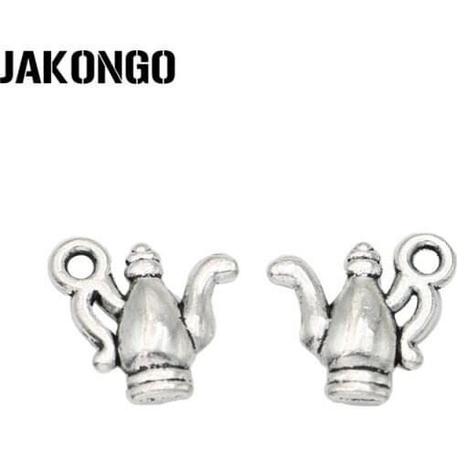 JAKONGO Antique Silver Plated Teapot Charms Pendants for Bracelet Jewelry Making Accessories DIY Handmade 15x15mm