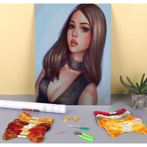 Cartoon Girl Woman Printed Water-Soluble Canvas 11CT Cross-Stitch Embroidery Kit DMC Threads Handicraft Hobby Design