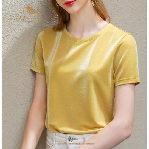 SISHION Y2K Blouses Bling Ice Silk T-shirt Women 2021 Summer New Candy Color Fashion Short Sleeve Tops T Shirt Plus Size VD2004