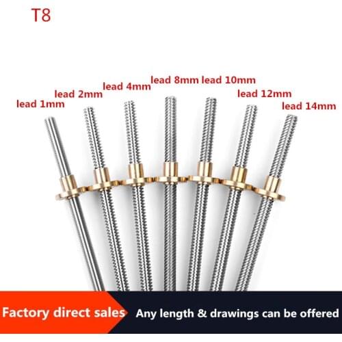 2pcs T8 Trapezoidal Rod Lead Screw Thread 8mm Lead1/2/4/8mm Length100mm200mm300mm400mm500mm600mm with Brass NutCNC 3D Printer