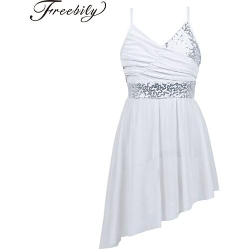 Kids Teens Dancewear V-Neck Sequined Irregular Hem Gymnastics Leotard Girls Ballet Dress Contemporary Lyrical Dance Costumes