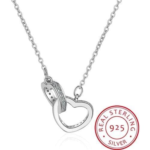 Fashion 925 sterling silver Necklace Pendant Rose Gold Double Heart Crystal Pendant For Women korea jewelry With Chain Gift