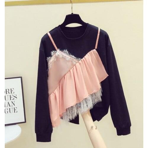 2020 Autumn New Contrast Color Hoodie Strap Stitching Lace Ruffled Long Sleeve Sweatshirt Womens Loose Pullover Fashion Hoodies