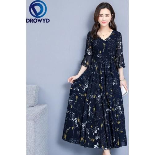 2021 Summer Elegant V-neck Maxi Dress for Women Korean Chiffon Dress 2021 Navy Floral Print Beach Sexy Big Swing Party Vestidos