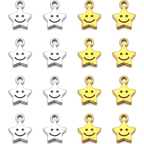 50pcs 11x8.5mm Alloy Charms Gold Color Star Smiling Face Pendant Fit Necklace Bracelet DIY Pendants For Jewelry Making