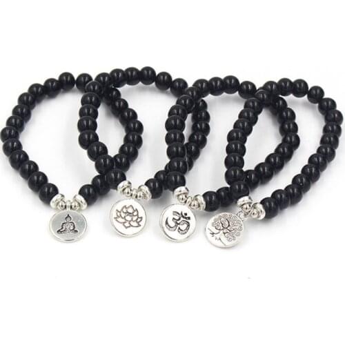 8mm ig45 elastic adjusted nature stone Frosted agate Onyx black volcanic lava turquoise Lotus life tree Buddha Bracelet