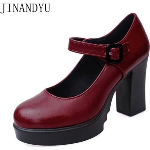 9cm High Heels Platform Shoes Leather Dress Party Shoes for Women Block Heels Wedding Chunky Heels Round Toe Square Heel Pumps