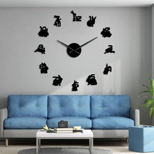 Family Large Wall Clock Animal Hanging Clock Bunny Mirror Sticker Numbers Rabbit Silent Quartz Wall Watch Woodland Nursery Decor