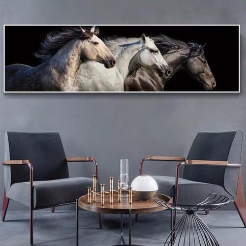 Long Frameless Art Painting Canvas Printing Painting Three Horses Black White Home Wall Decoration Poster