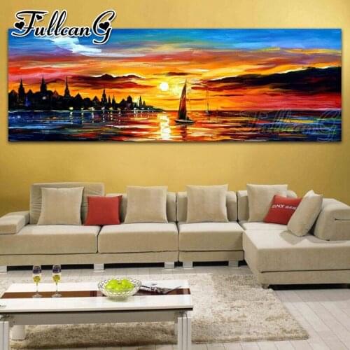 FULLCANG Sunset abstract sea sailing landscape diy 5d full square round diamond embroidery sale large mosaic painting FC3539