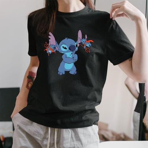 Disney Lilo and Stitch All Bad T-shirt Black Funny Print Kawaii T shirt Girl Harajuku 90s Female Clothing,Drop Ship