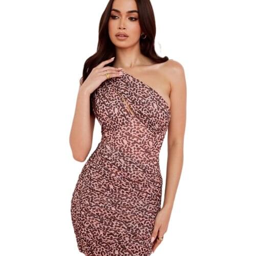 HQBORY 2021 Summer Women Bandage Sex Leopard Backless Bodycon One Shoulder Dress for Party Wedding Night Club
