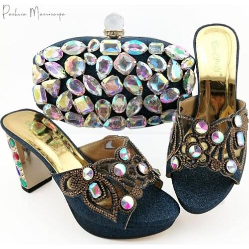 ItalianDesign New Nigerian Colorful Crystal Decoration Style Ladies Shoes and Bag Set in D.Blue Color for Party Wedding
