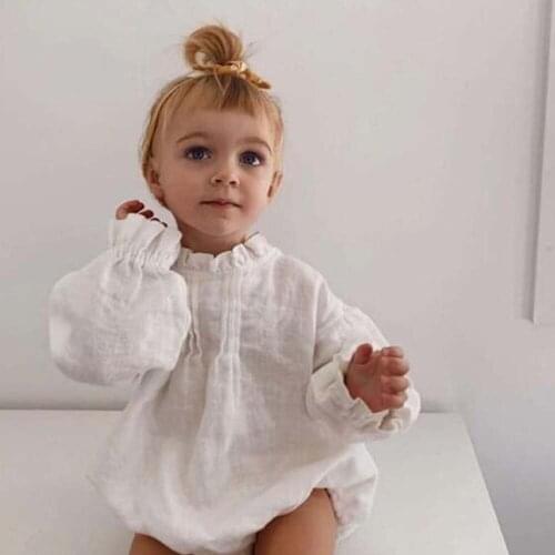 Baby Girls Linen Rompers Toddler Girl Sweet Princess Bodysuits Long Sleeve Casual Tops Kids Clothing 2021 Summer Loose Playsuit