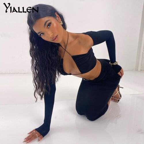 Yiallen 2021 Women 2 Piece Set Long Sleeve Halter Crop Top Tanks Lace Up Bandage Midi Skirt Bodycon Sexy Streetwear Party Club