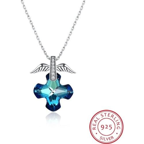LEKANI Crystals Blue Cross Pendant Necklace Simple Trendy Collars Real S925 Silver Fine Jewelry For Women Girls